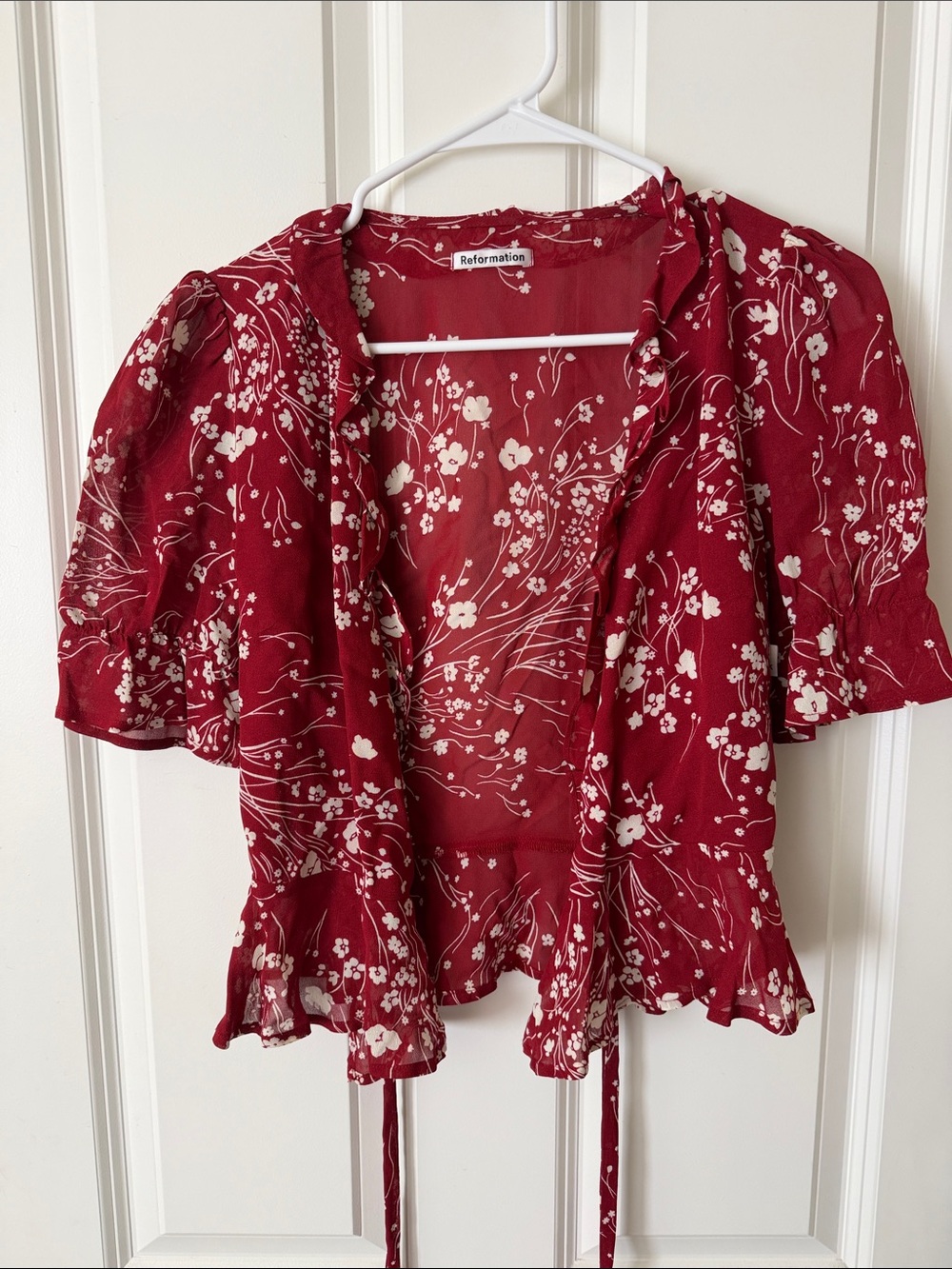 Reformation Crimson Floral Tie-Front Blouse